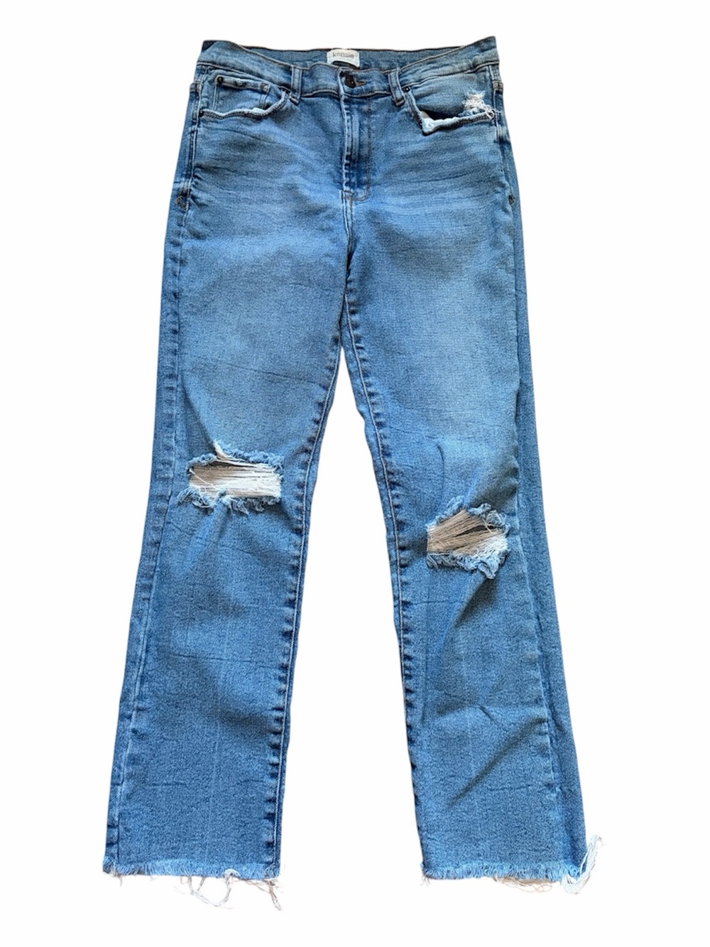 Kensie Jeans 6/28 Distressed Straight Leg Cropped Jeans Raw Hem Light Wash